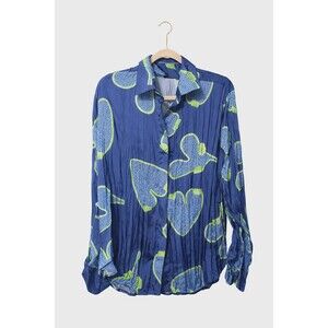 Parfois Silky NWOT Dusty Blue Heart Green Button up Blouse L